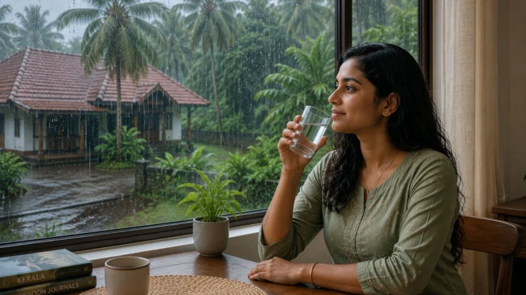 Woman Drinking Alkaline Water During Monsoon in Kerala