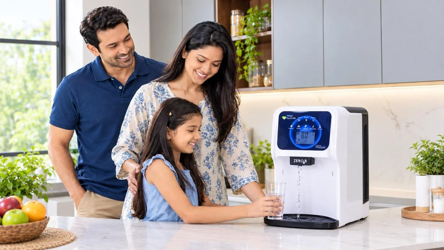 Indian Family Drinking Water from Alkaline Water Ionizer